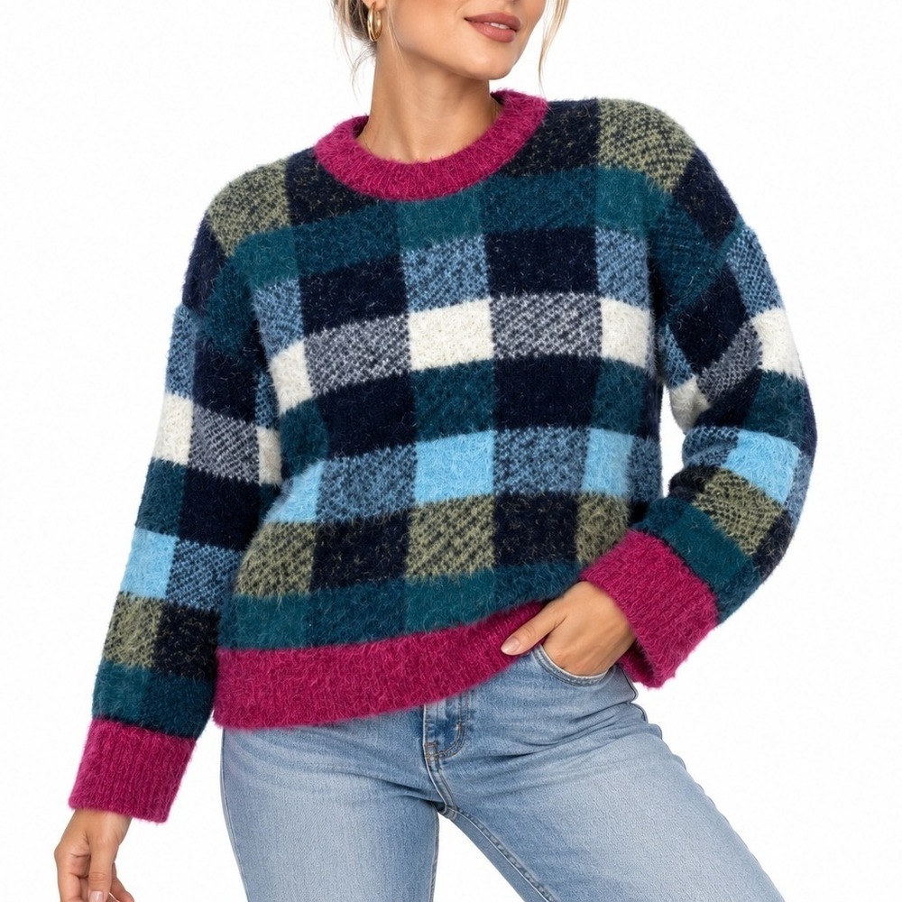 Moth Sweater Women L Multicolor Plaid Eyelash Knit Anthropologie 5631 9/26